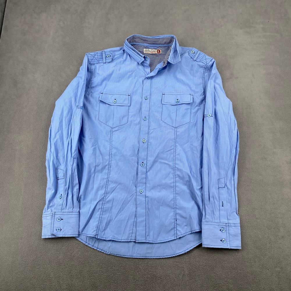 Sovereign Code Mens Sky Blue Striped Button Down Shirt SP13READY Large
